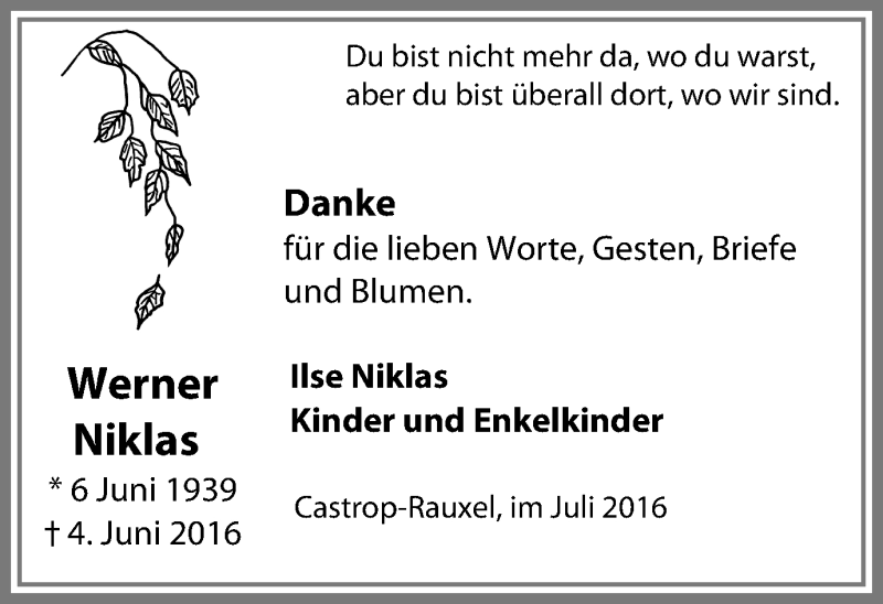  Traueranzeige für Werner Niklas vom 02.07.2016 aus Stadtanz.Castrop-Rauxel
