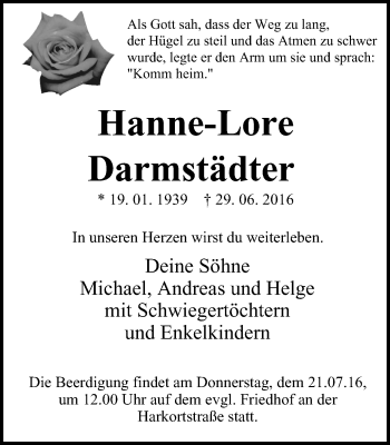 Traueranzeige von Hanne-Lore Darmstädter von Wochen-Anzeiger Oberhausen