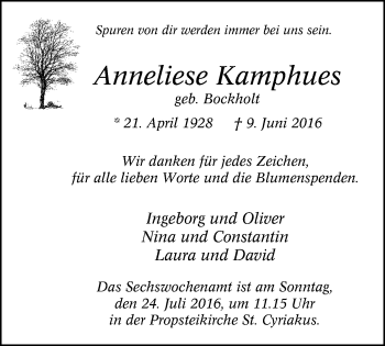 Traueranzeige von Anneliese Kamphues von Stadtspiegel Bottrop