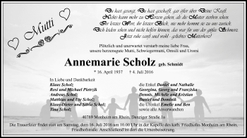 Traueranzeige von Annemarie Scholz von Wochen-Anzeiger Langenfeld/Monheim/Hilden