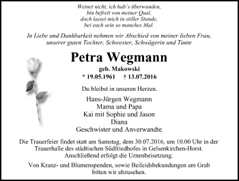 Traueranzeige von Petra Wegmann von Stadtspiegel Bottrop