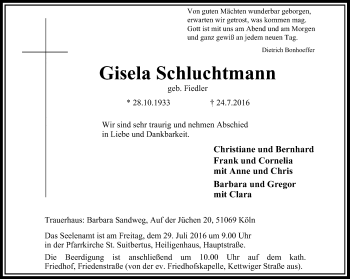 Traueranzeige von Gisela Schluchtmann von Stadtanzeiger Velbert + Heiligenhaus