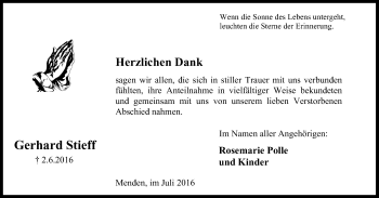 Traueranzeige von Gerhard Stieff von Stadtspiegel Menden + Froendenberg