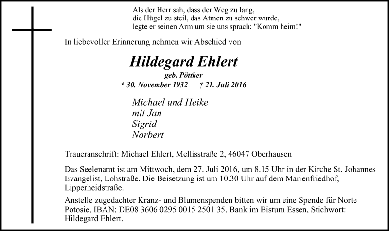  Traueranzeige für Hildegard Ehlert vom 23.07.2016 aus Wochen-Anzeiger Oberhausen