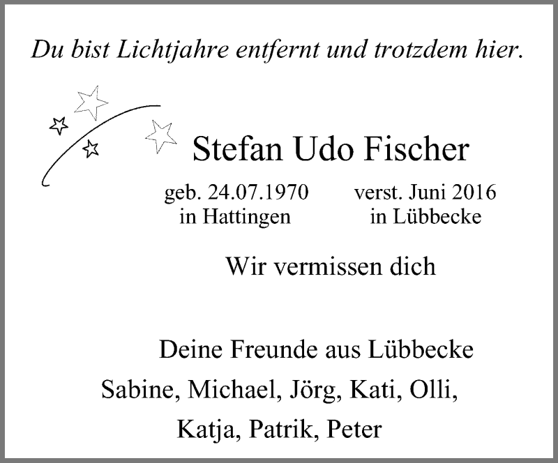  Traueranzeige für Stefan Udo Fischer vom 23.07.2016 aus Stadtspiegel Hattingen/Niedersprockhövel