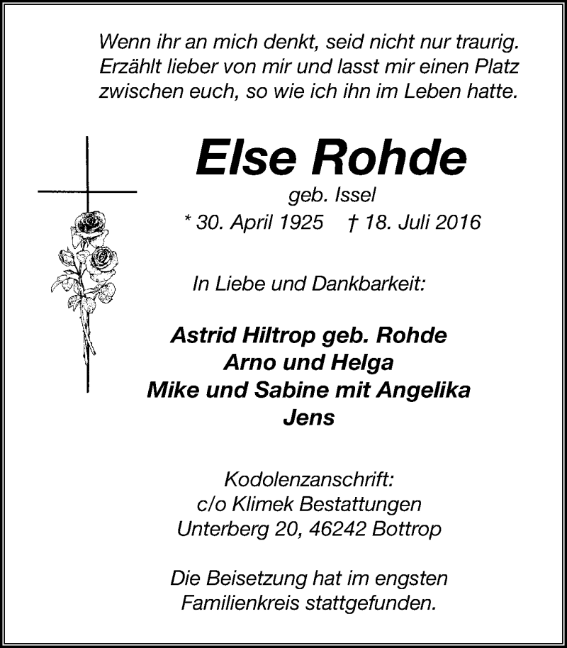  Traueranzeige für Else Rohde vom 23.07.2016 aus Stadtspiegel Bottrop