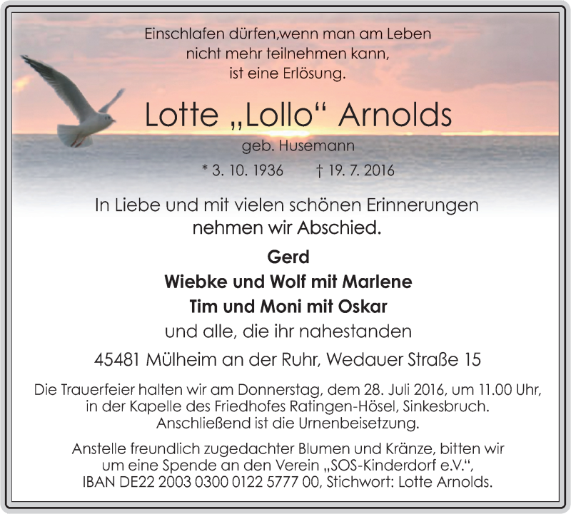  Traueranzeige für Lotte  Arnolds vom 23.07.2016 aus Mülheimer Woche