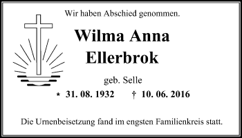 Traueranzeige von Wilma Anna Ellerbrok von Wochen-Anzeiger Oberhausen