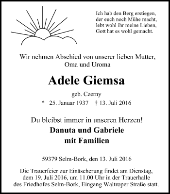 Traueranzeige von Adele Giemsa von Lüner Anzeiger
