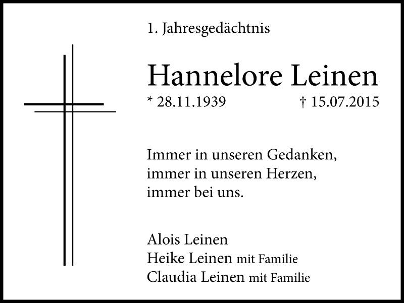  Traueranzeige für Hannelore Leinen vom 16.07.2016 aus Mülheimer Woche