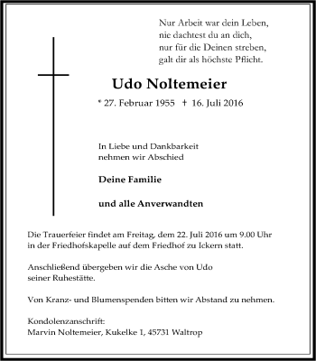 Traueranzeige von Udo Noltemeier von Stadtanz.Castrop-Rauxel