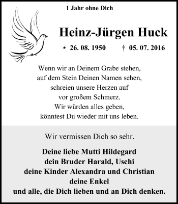 Traueranzeige von Heinz-Jürgen Huck von Wochen-Anzeiger Oberhausen
