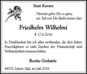 Traueranzeige von Friedhelm Wilhelmi von Lüner Anzeiger