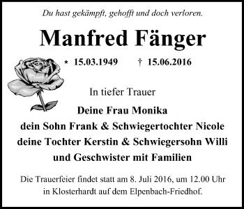 Traueranzeige von Manfred Fänger von Wochen-Anzeiger Oberhausen