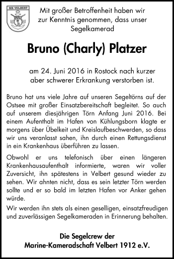 Traueranzeige von Bruno Platzer von Stadtanzeiger Velbert + Heiligenhaus