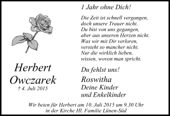Traueranzeige von Herbert Owczarek von Lüner Anzeiger