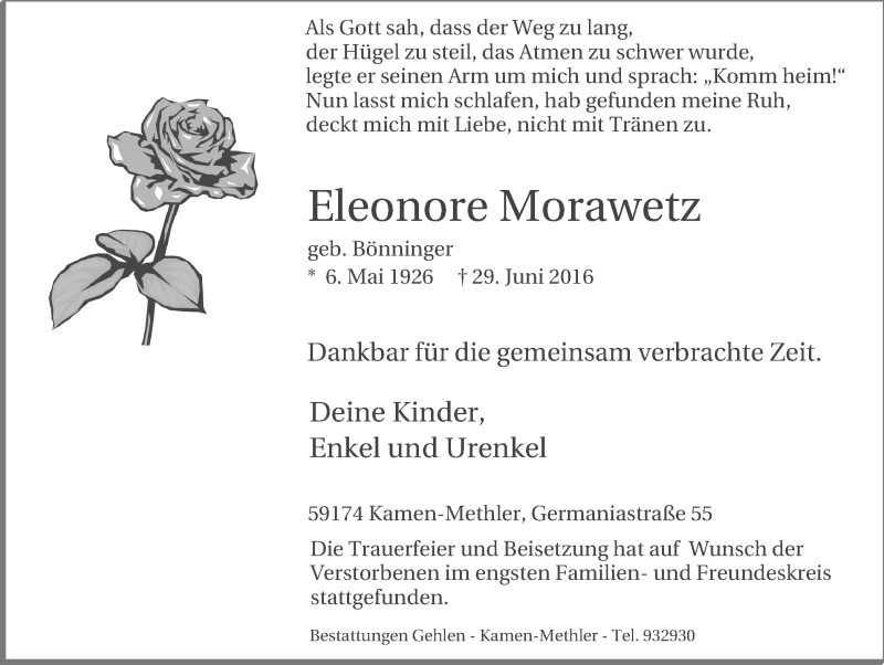  Traueranzeige für Eleonore Morawetz vom 13.07.2016 aus Stadtspiegel Kamen + Unna