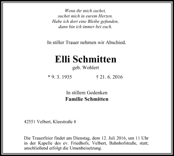 Traueranzeige von Elli Schmitten von Stadtanzeiger Velbert + Heiligenhaus