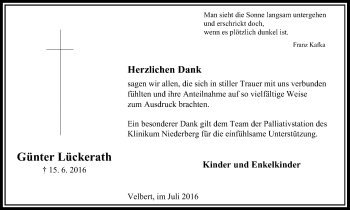 Traueranzeige von Günter Lückerath von Stadtanzeiger Velbert + Heiligenhaus