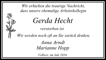Traueranzeige von Gerda Hecht von Stadtanzeiger Velbert + Heiligenhaus