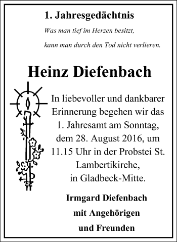 Traueranzeige von Heinz Diefenbach von Stadtspiegel Gladbeck