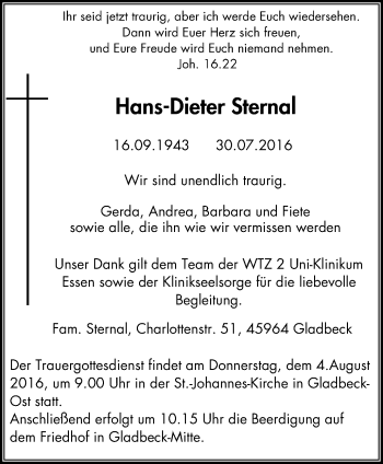 Traueranzeige von Hans-Dieter Sternal von Stadtspiegel Gladbeck