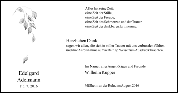 Traueranzeige von Edelgard Adelmann von Mülheimer Woche