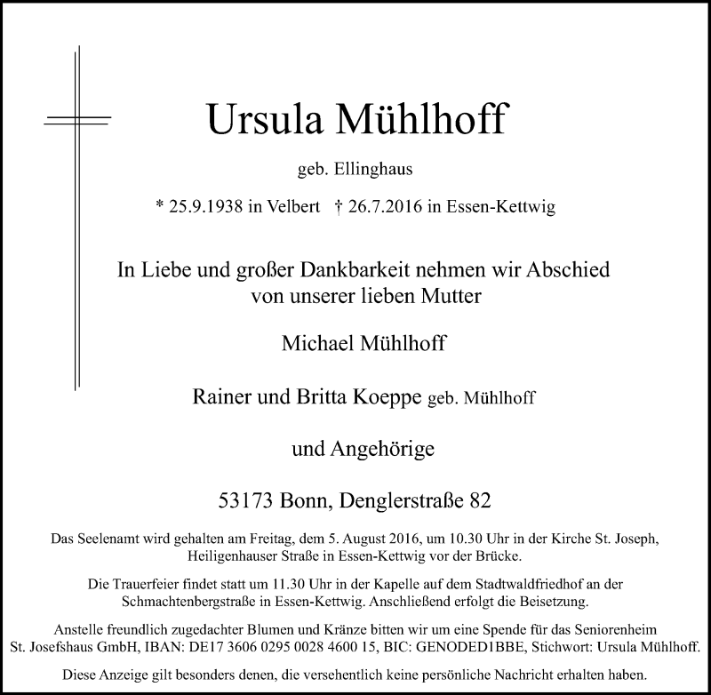 Traueranzeige für Ursula Mühlhoff vom 03.08.2016 aus Kettwig Kurier