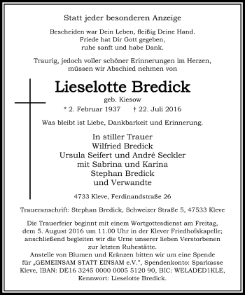Traueranzeige von Lieselotte Bredick von Klever Wochenblatt