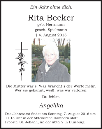 Traueranzeige von Rita Becker von Wochen-Anzeiger Oberhausen