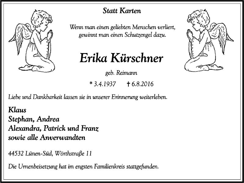  Traueranzeige für Erika Kürschner vom 17.08.2016 aus Lüner Anzeiger