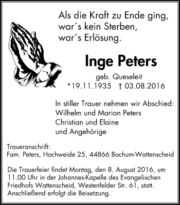 Traueranzeige von Inge Peters von Stadtspiegel Wattenscheid