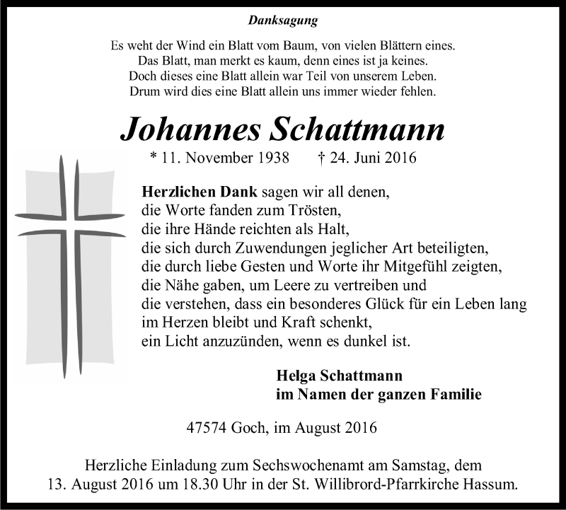  Traueranzeige für Johannes Schattmann vom 06.08.2016 aus Gocher Wochenblatt