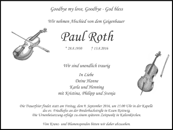 Traueranzeige von Paul Roth von Kettwig Kurier