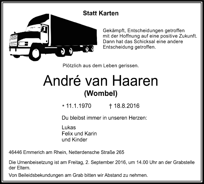  Traueranzeige für Andre van Haaren vom 31.08.2016 aus Stadtanzeiger Emmerich/Rees/Isselburg