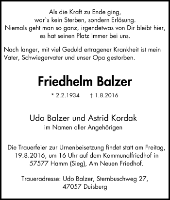 Traueranzeige von Friedhelm Balzer von Mülheimer Woche