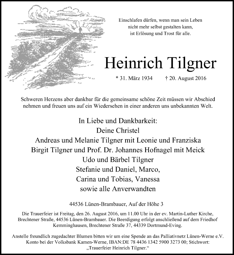  Traueranzeige für Heinrich Tilgner vom 24.08.2016 aus Lüner Anzeiger