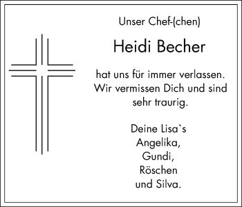 Traueranzeige von Heidi Becher von Stadtanzeiger Velbert + Heiligenhaus