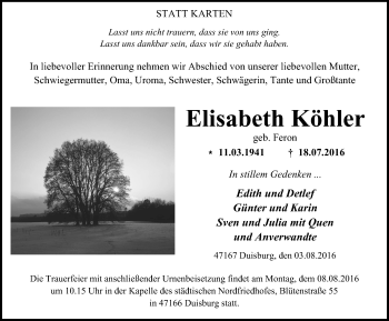 Traueranzeige von Elisabeth Köhler von Wochen-Anzeiger Duisburg