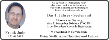Traueranzeige von Frank Jade von Lüner Anzeiger
