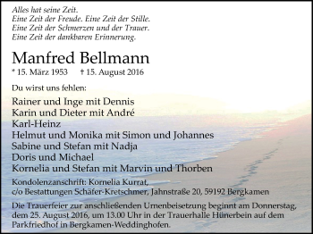 Traueranzeige von Manfred Bellmann von Stadtspiegel Kamen + Unna