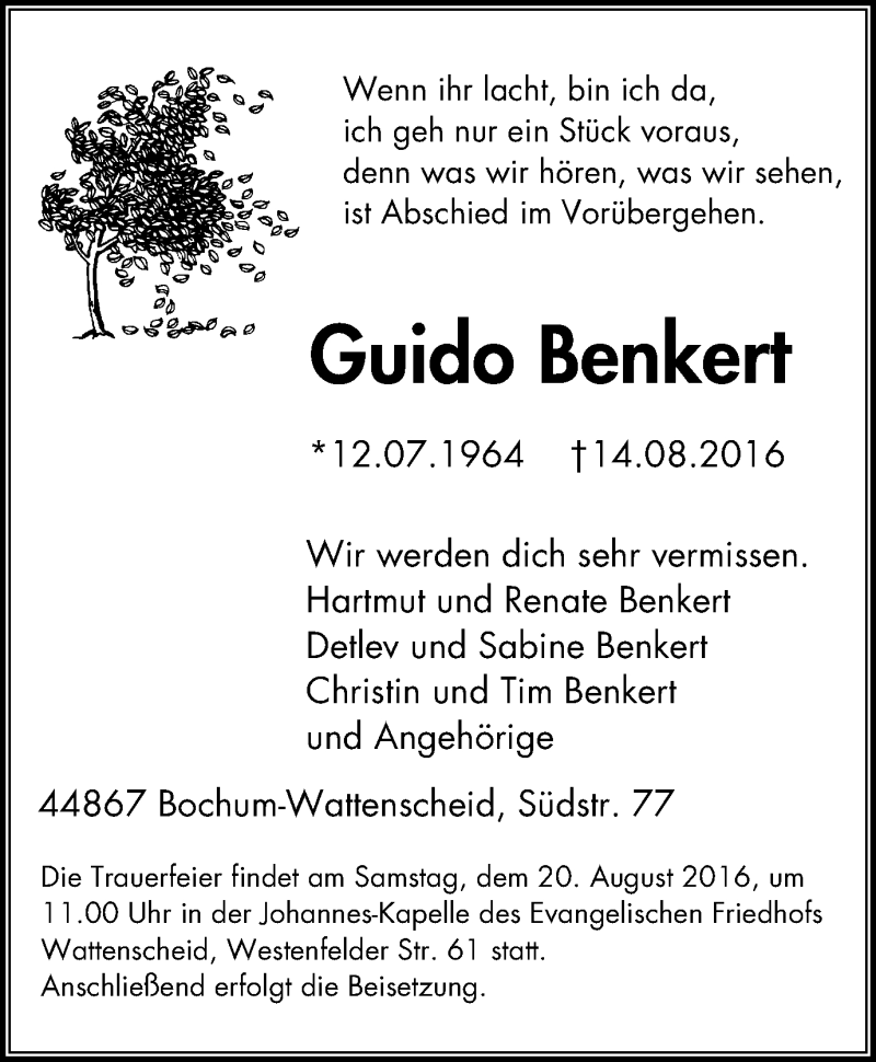  Traueranzeige für Guido Benkert vom 17.08.2016 aus Stadtspiegel Wattenscheid