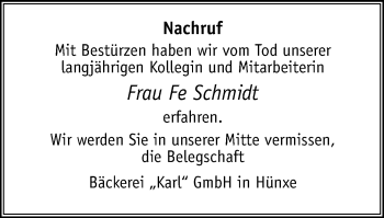 Traueranzeige von Fe Schmidt von Niederrhein-Anz. Dinsl./Voerde/Hünxe