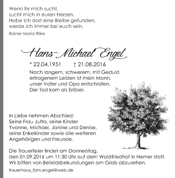 Traueranzeige von Hans-Michael Engel von Stadtspiegel Iserlohn + Hemer