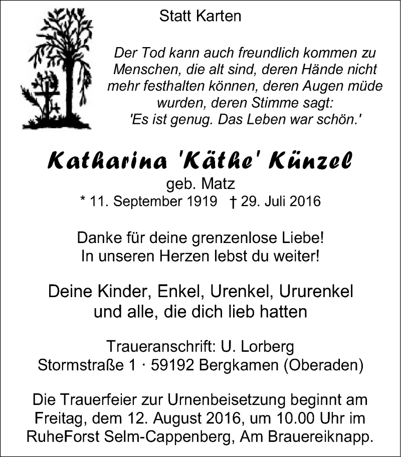  Traueranzeige für Katharina Künzel vom 06.08.2016 aus Lüner Anzeiger