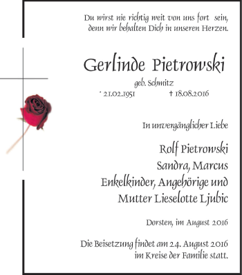 Traueranzeige von Gerlinde Pietrowski von Stadtspiegel Haltern + Dorsten