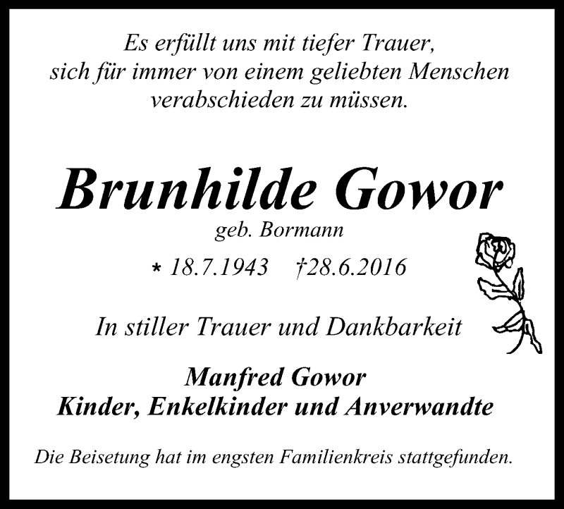  Traueranzeige für Brunhilde Gowor vom 03.08.2016 aus Stadtspiegel Gelsenkirchen