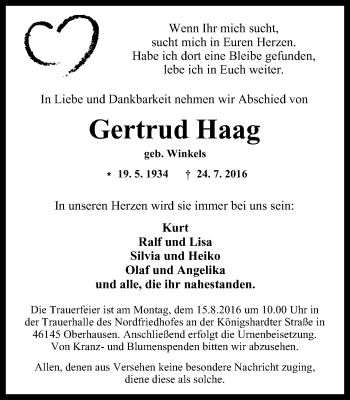 Traueranzeige von Gertrud Haag von Wochen-Anzeiger Oberhausen