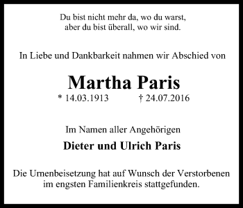 Traueranzeige von Martha Paris von Stadtspiegel Menden + Froendenberg