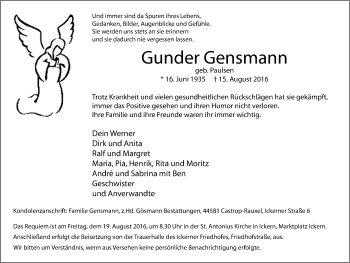 Traueranzeige von Gunder Gensmann von Stadtanz.Castrop-Rauxel